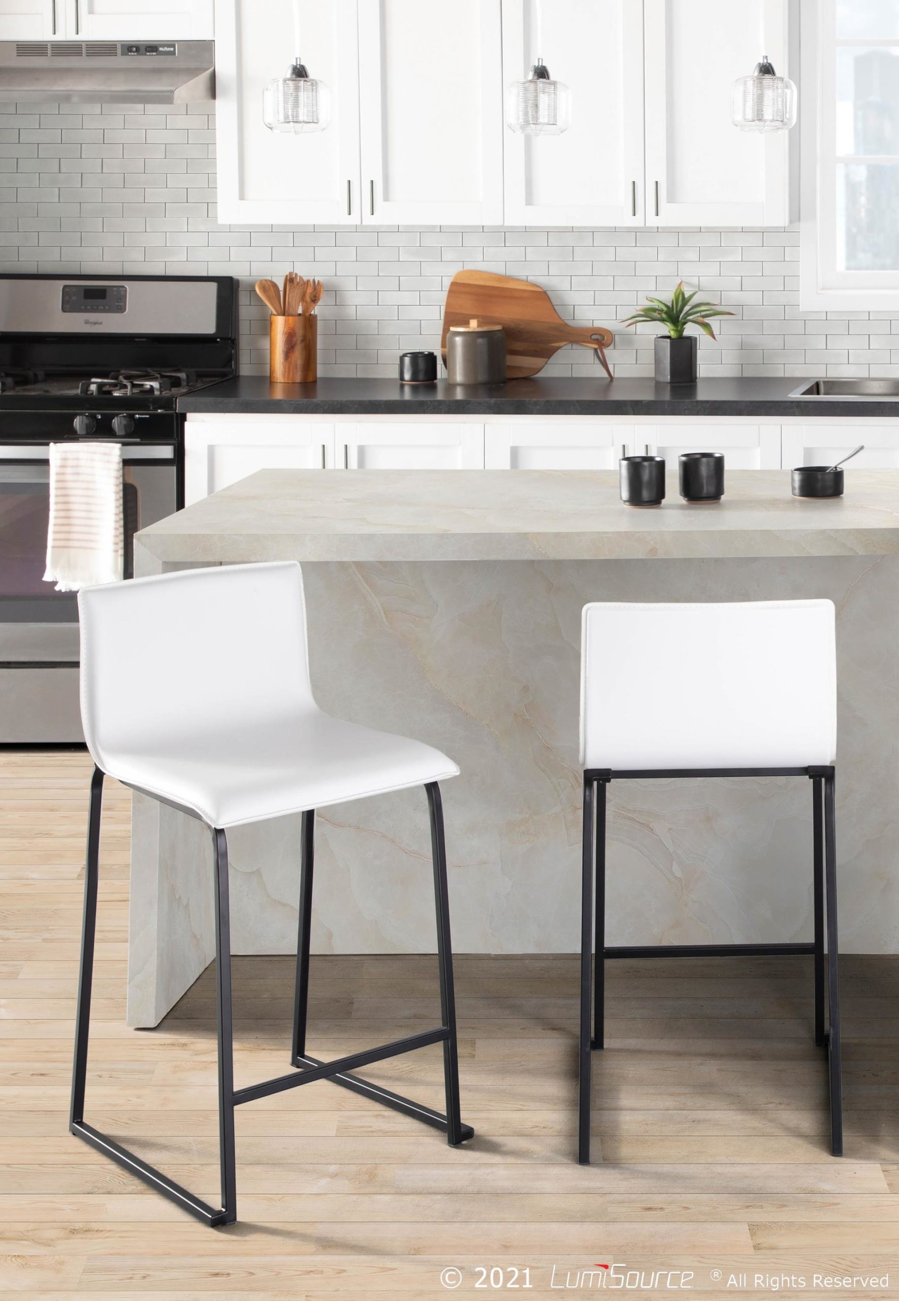 Mara 26" Contemporary Black Metal White Faux Leather Counter Stools (Set of 2) 1 Mara 26" Contemporary Black Metal White Faux Leather Counter Stools (Set of 2)