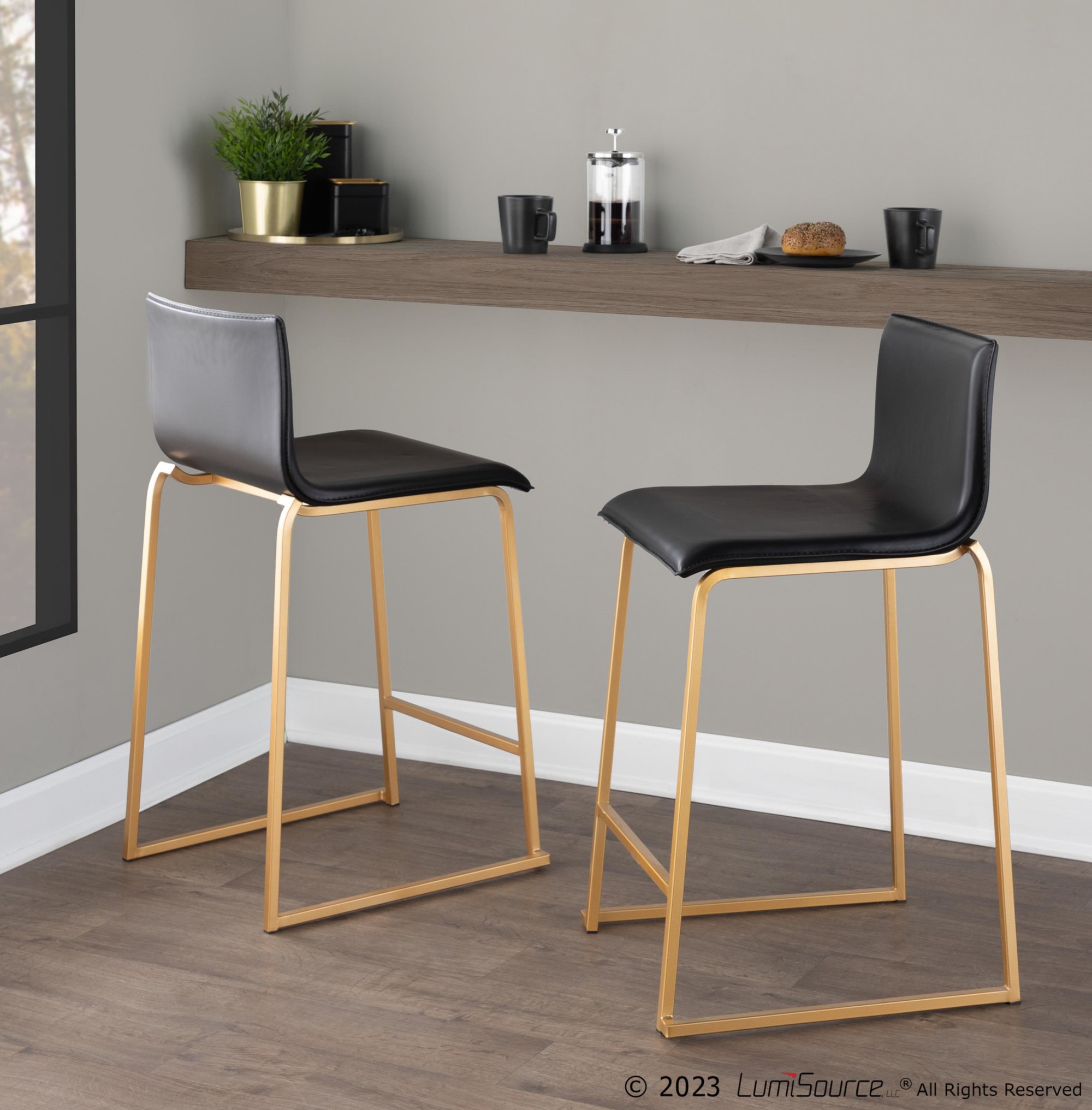 Mara 26 Contemporary Gold Black Faux Leather Counter Stools (Set of 2) 2 Mara 26 Contemporary Gold Black Faux Leather Counter Stools (Set of 2) - Image 2