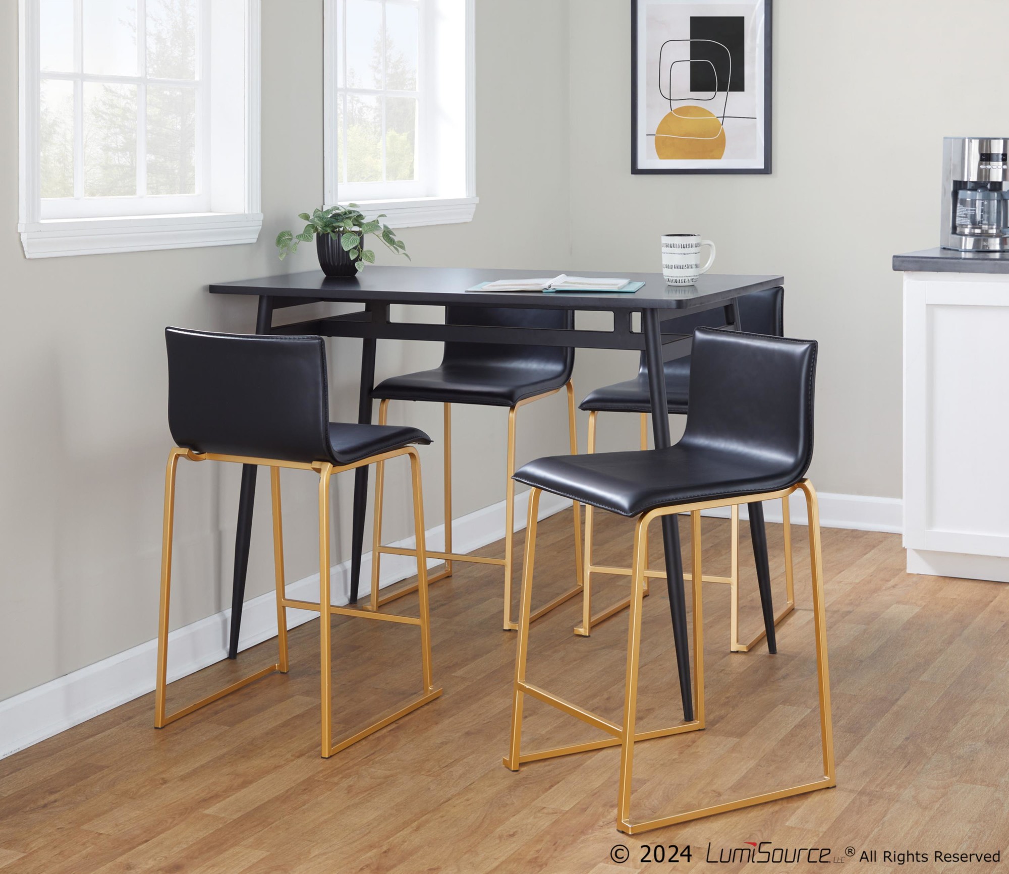 Mara 26 Contemporary Gold Black Faux Leather Counter Stools (Set of 2) 3 Mara 26 Contemporary Gold Black Faux Leather Counter Stools (Set of 2) - Image 3