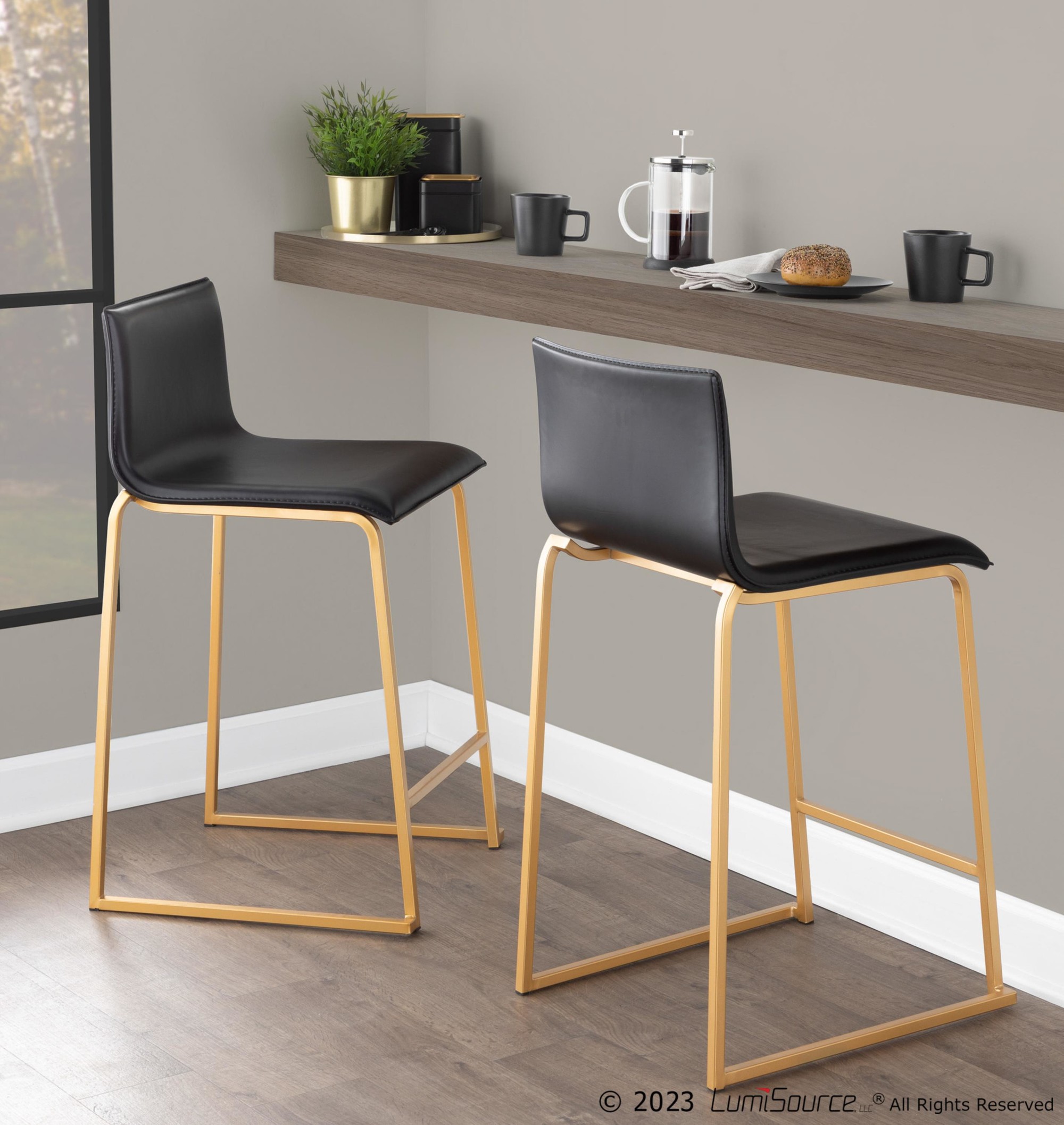 Mara 26 Contemporary Gold Black Faux Leather Counter Stools (Set of 2) 1 Mara 26 Contemporary Gold Black Faux Leather Counter Stools (Set of 2)