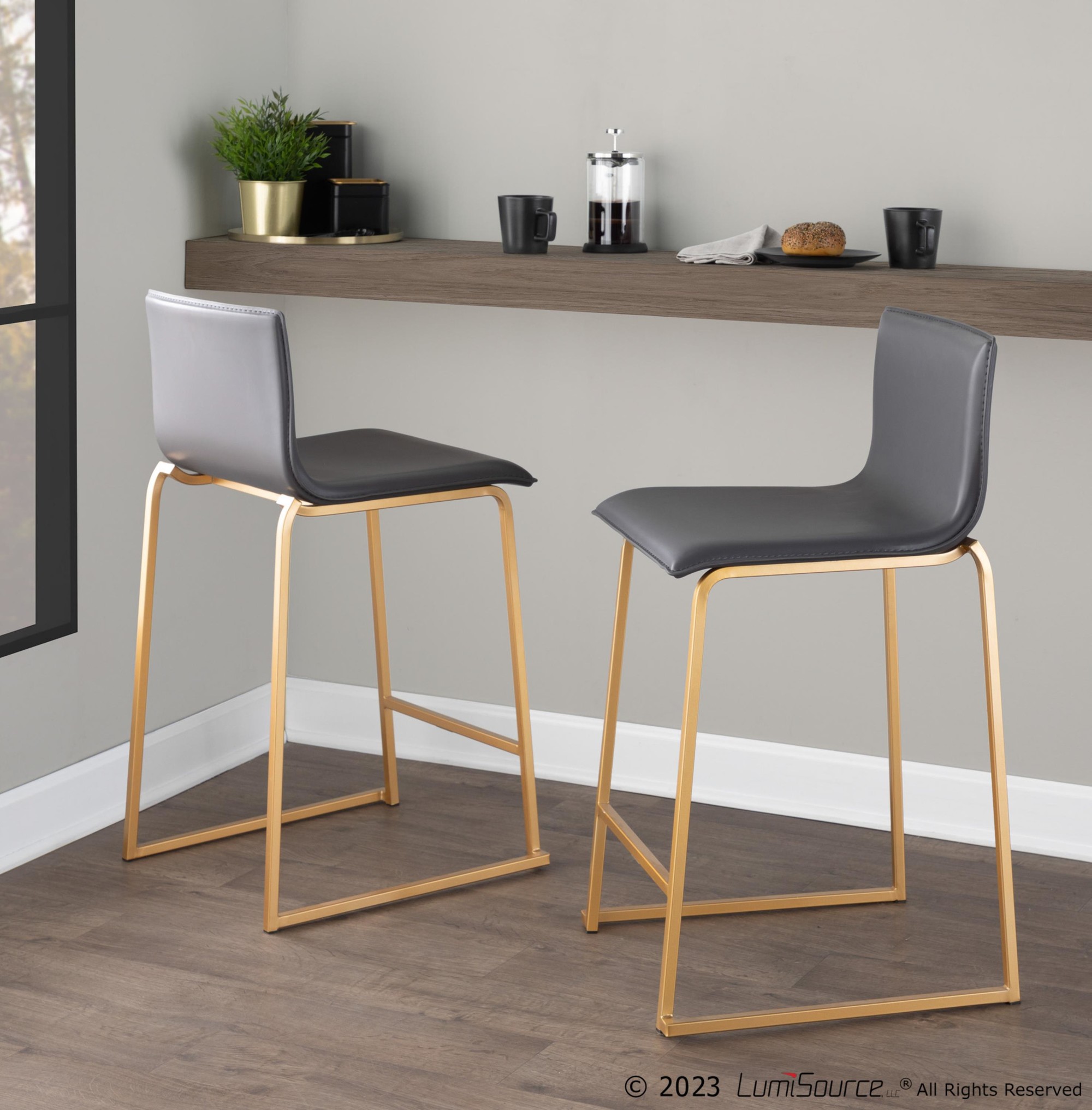 Mara 26 Contemporary Gold and Grey Counter Stools (Set of 2) 2 Mara 26 Contemporary Gold and Grey Counter Stools (Set of 2) - Image 2
