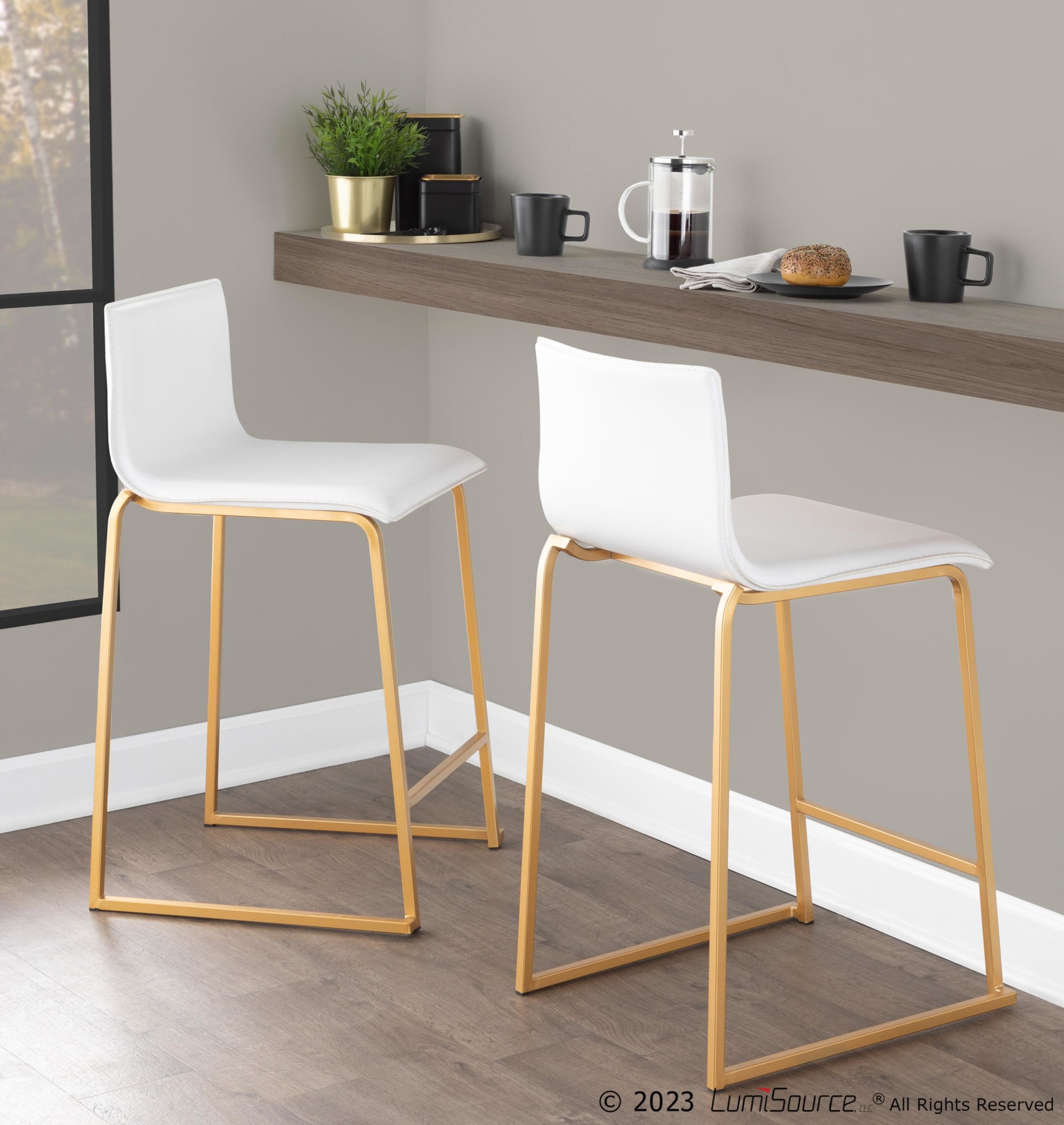 Mara 26 Contemporary Gold and White Counter Stools (Set of 2) 2 Mara 26 Contemporary Gold and White Counter Stools (Set of 2) - Image 2