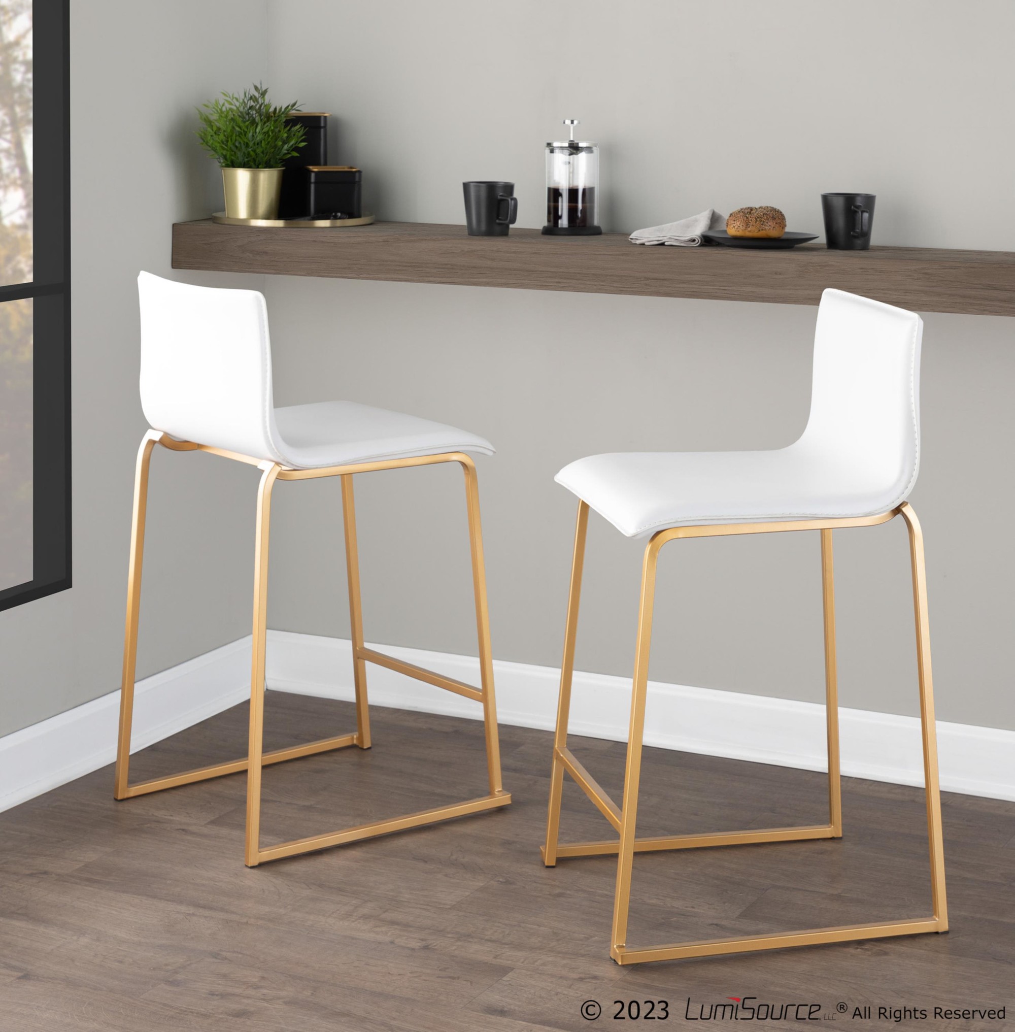 Mara 26 Contemporary Gold and White Counter Stools (Set of 2) 3 Mara 26 Contemporary Gold and White Counter Stools (Set of 2) - Image 3