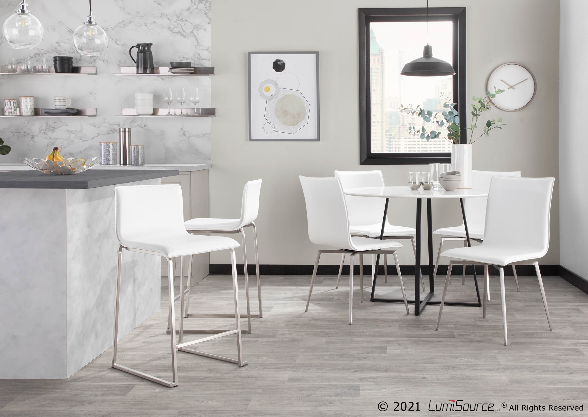 Mara 26 Contemporary Stainless Steel White Faux Leather Counter Stools (Set of 2) 2 Mara 26 Contemporary Stainless Steel White Faux Leather Counter Stools (Set of 2) - Image 2