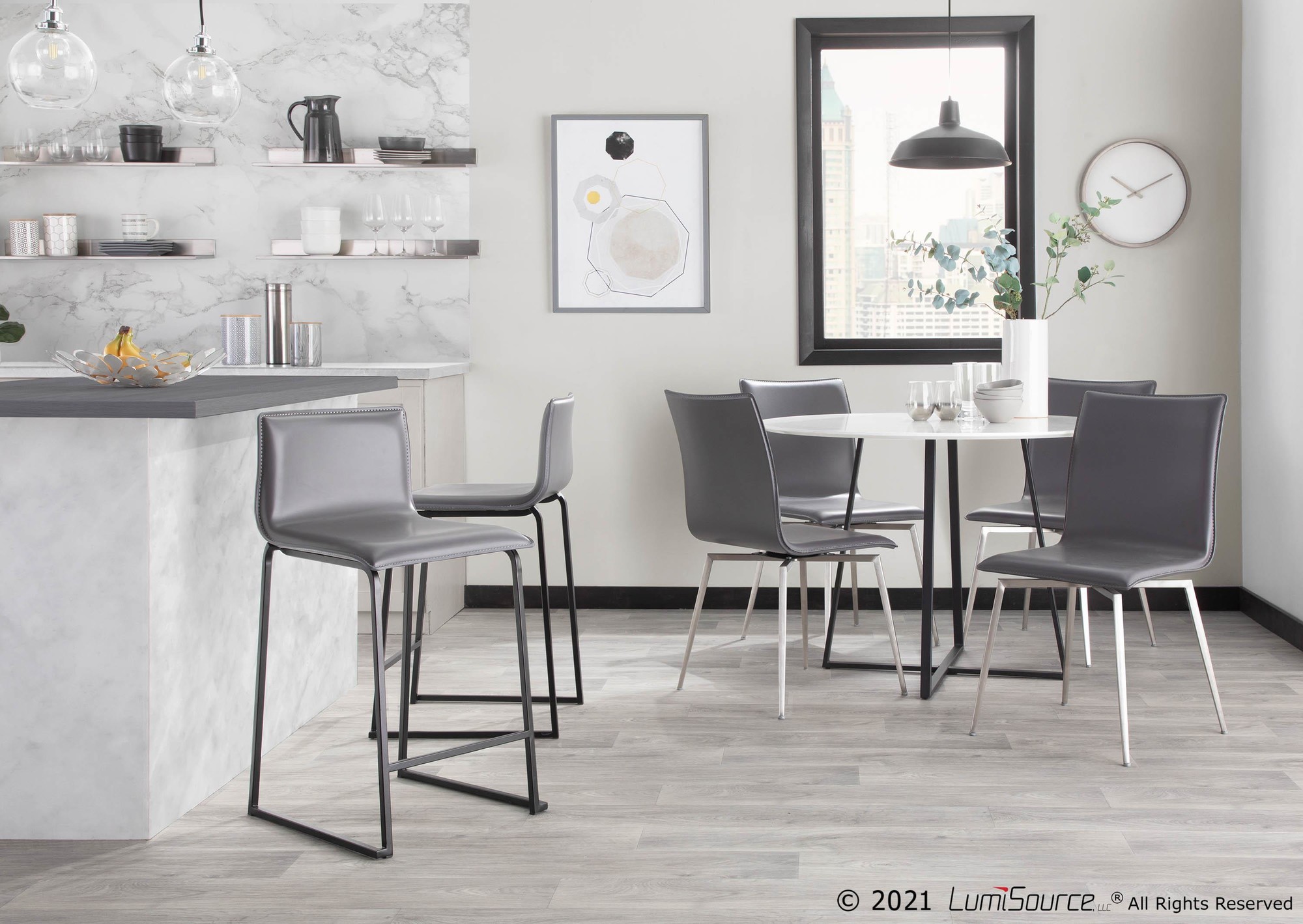 Mara 26 Inch Contemporary Black Metal Grey Faux Leather Counter Stools (Set of 2) 2 Mara 26 Inch Contemporary Black Metal Grey Faux Leather Counter Stools (Set of 2) - Image 2