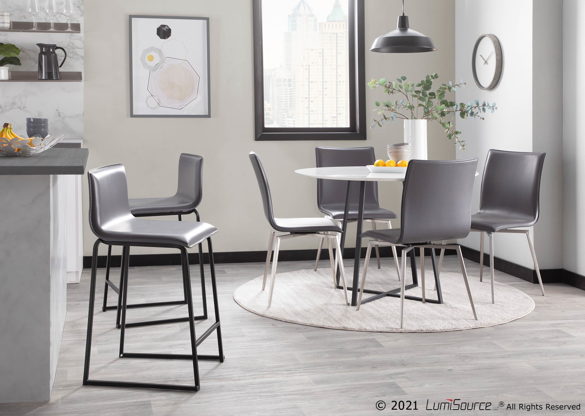 Mara 26 Inch Contemporary Black Metal Grey Faux Leather Counter Stools (Set of 2) 3 Mara 26 Inch Contemporary Black Metal Grey Faux Leather Counter Stools (Set of 2) - Image 3