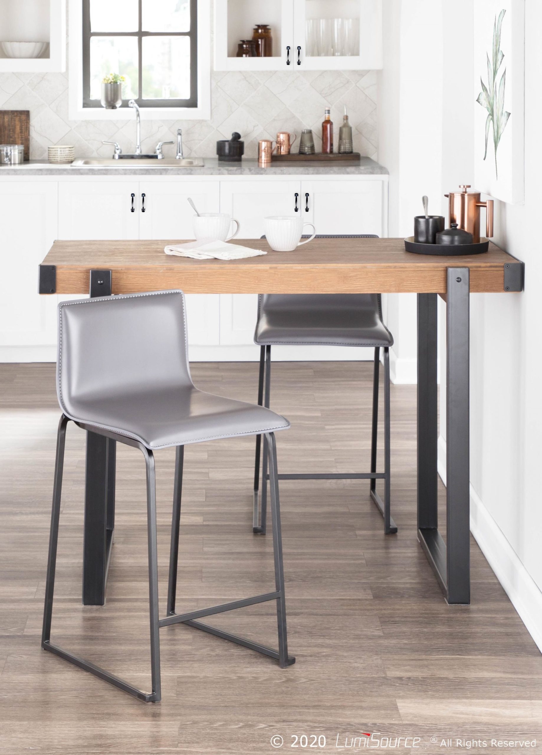 Mara 26 Inch Contemporary Black Metal Grey Faux Leather Counter Stools (Set of 2) 4 Mara 26 Inch Contemporary Black Metal Grey Faux Leather Counter Stools (Set of 2) - Image 4