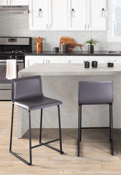 Mara 26 Inch Contemporary Black Metal Grey Faux Leather Counter Stools (Set of 2)