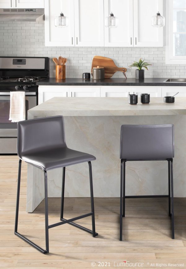 Mara 26 Inch Contemporary Black Metal Grey Faux Leather Counter Stools Set of 2