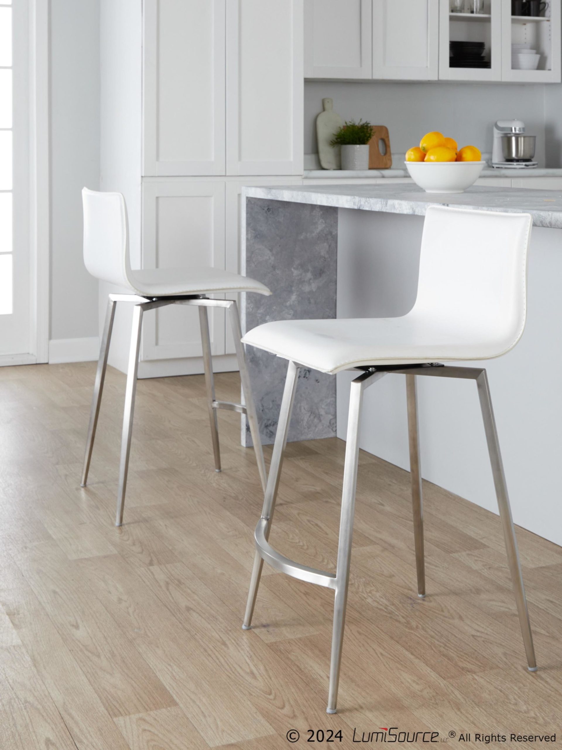 Mara 26" White Faux Leather Contemporary Swivel Counter Stools (Set of 2) 2 Mara 26" White Faux Leather Contemporary Swivel Counter Stools (Set of 2) - Image 2