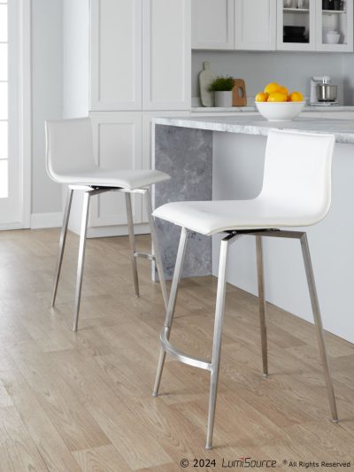 Mara 26" White Faux Leather Contemporary Swivel Counter Stools (Set of 2)