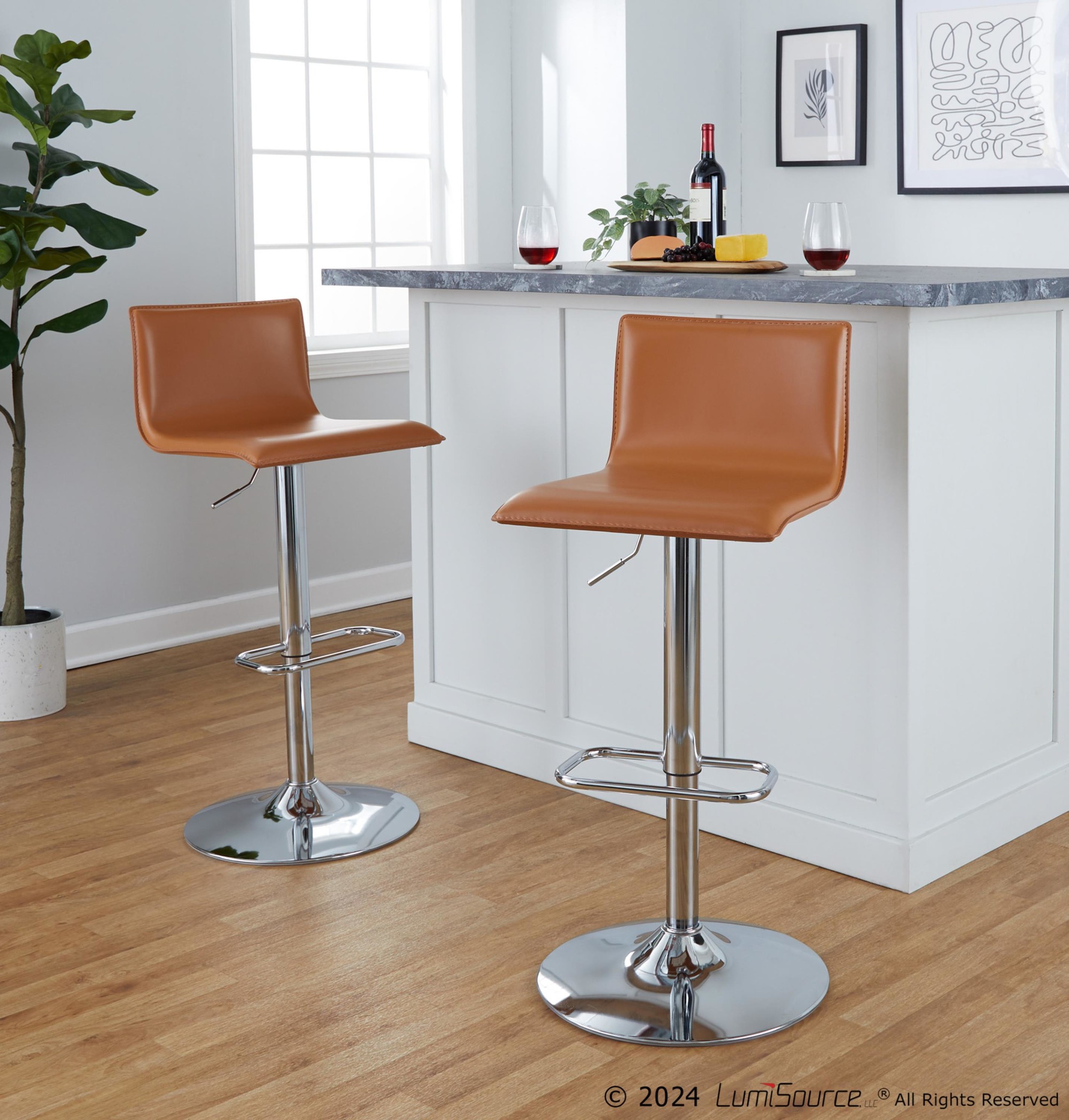 Mara Camel Faux Leather Chrome Contemporary Swivel Barstool (Set of 2) 2 Mara Camel Faux Leather Chrome Contemporary Swivel Barstool (Set of 2) - Image 2