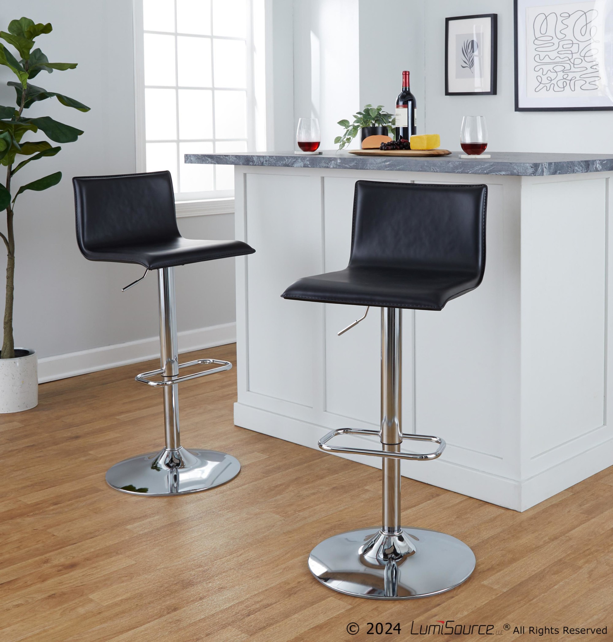 Mara Chrome and Black Faux Leather Contemporary Barstool (Set of 2) 2 Mara Chrome and Black Faux Leather Contemporary Barstool (Set of 2) - Image 2