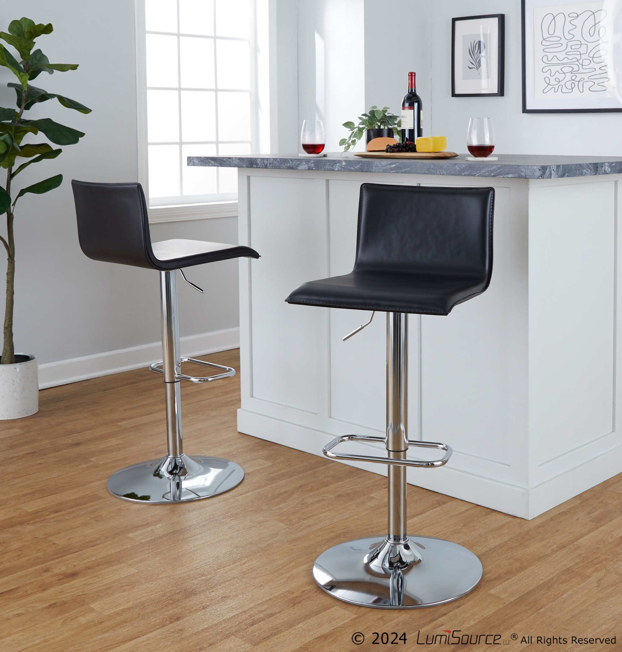 Mara Chrome and Black Faux Leather Contemporary Barstool (Set of 2) 1 Mara Chrome and Black Faux Leather Contemporary Barstool (Set of 2)