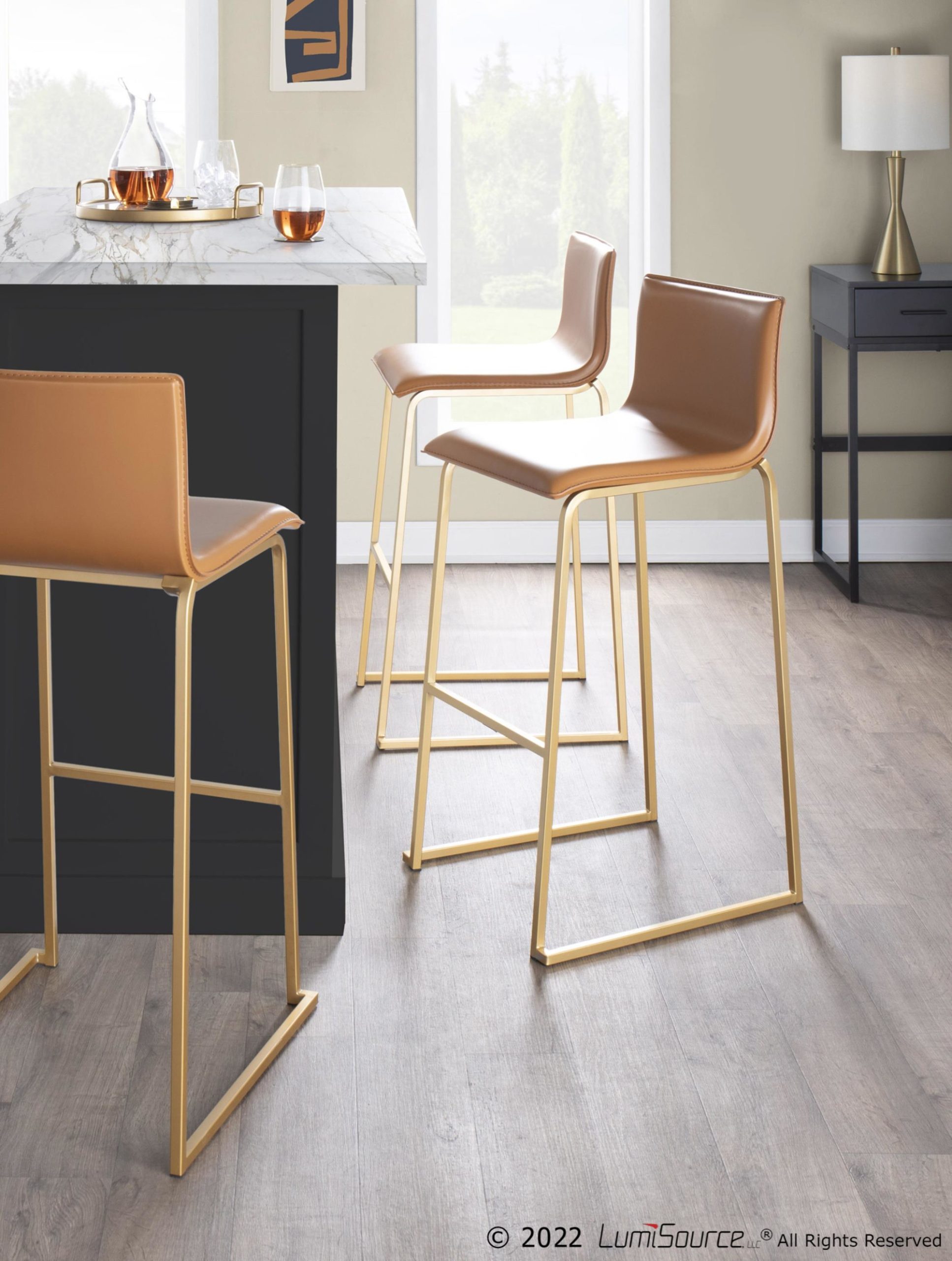 Mara Contemporary Gold and Camel Faux Leather Barstools (Set of 2) 1 Mara Contemporary Gold and Camel Faux Leather Barstools (Set of 2)