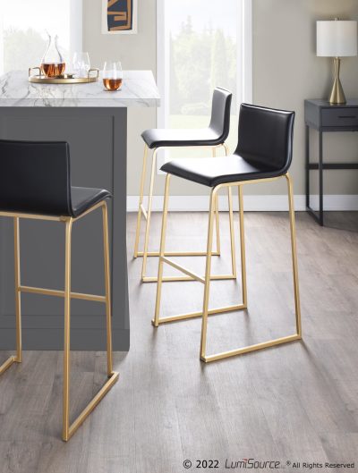 Mara Gold Steel Black Faux Leather Contemporary Barstools (Set of 2)