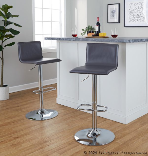 Mara Grey Faux Leather Chrome Contemporary Swivel Barstools Set of 2 1