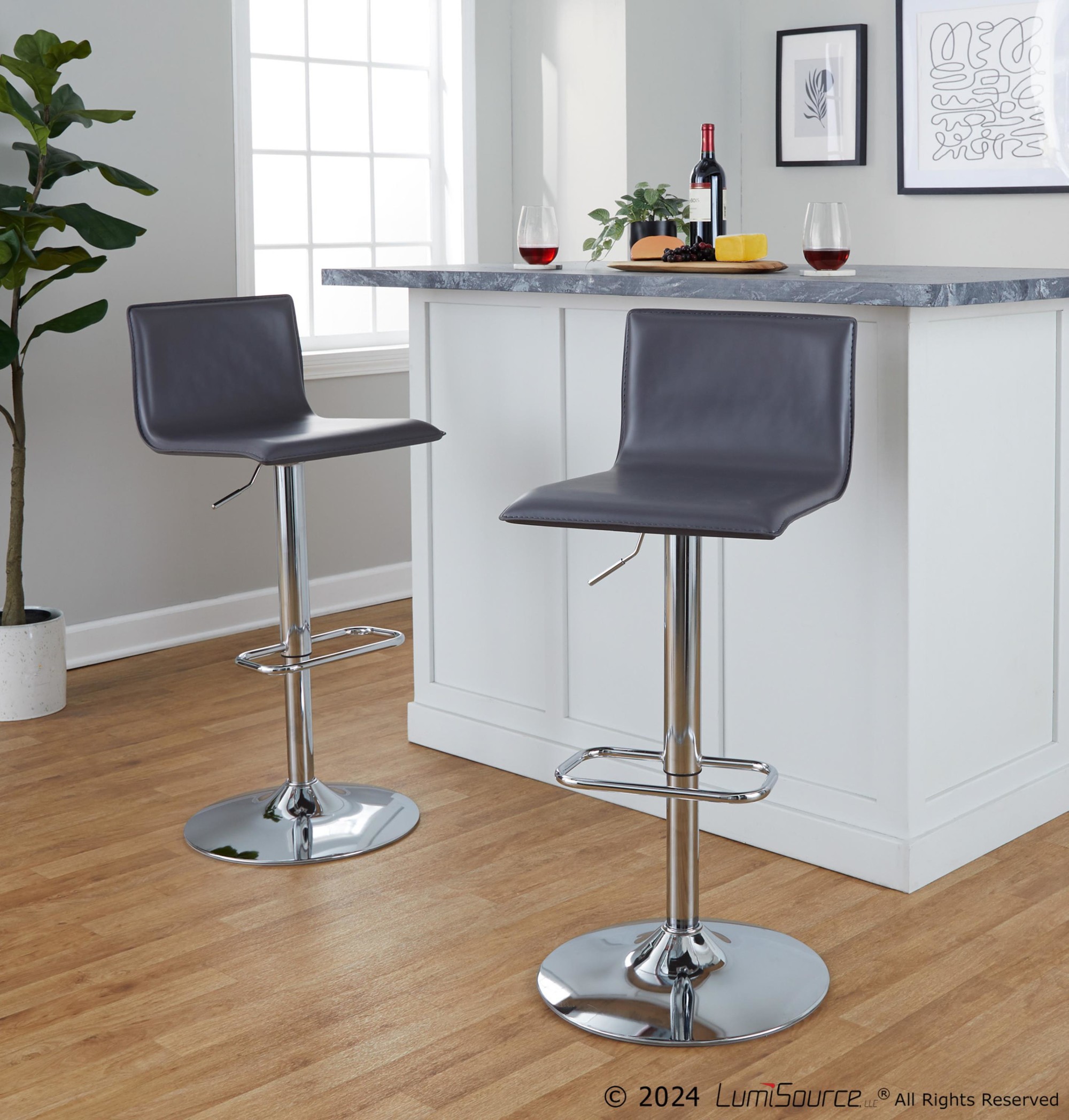 Mara Grey Faux Leather Chrome Contemporary Swivel Barstools (Set of 2) 2 Mara Grey Faux Leather Chrome Contemporary Swivel Barstools (Set of 2) - Image 2