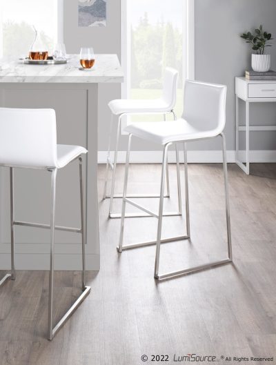 Mara White Faux Leather Contemporary Stainless Steel Barstools (Set of 2)
