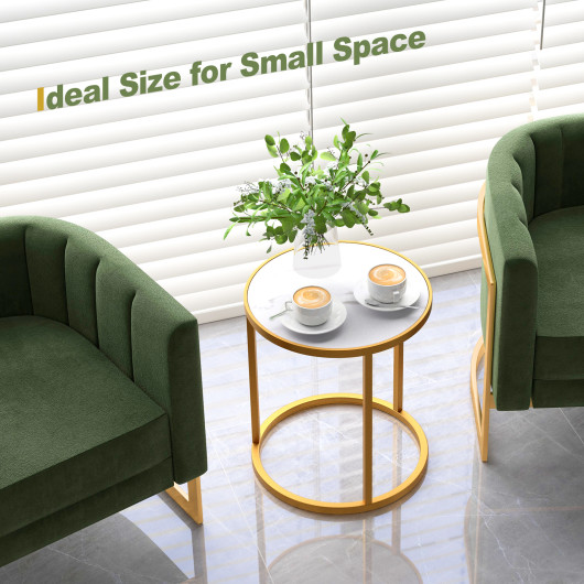 Compact Round Faux Marble Side Table with Golden Metal Frame
