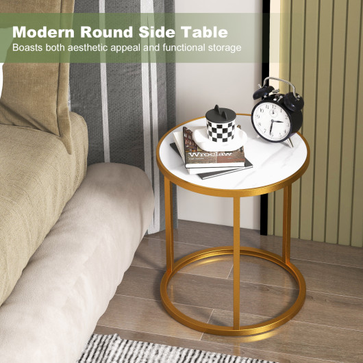 Compact Round Faux Marble Side Table with Golden Metal Frame - Image 2