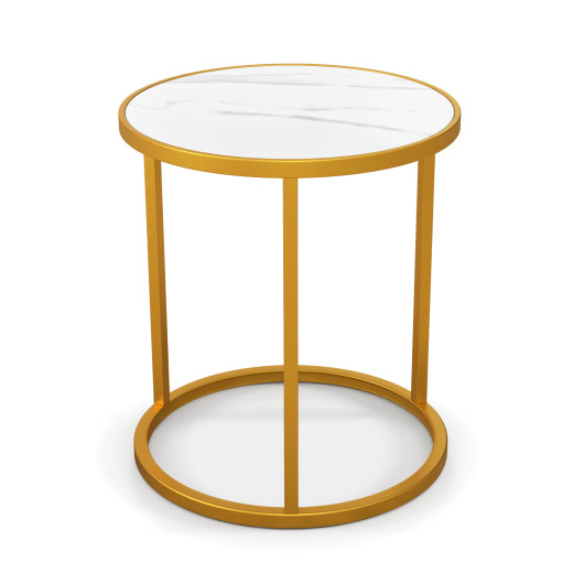 Compact Round Faux Marble Side Table with Golden Metal Frame - Image 3