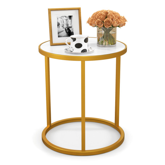 Compact Round Faux Marble Side Table with Golden Metal Frame - Image 4
