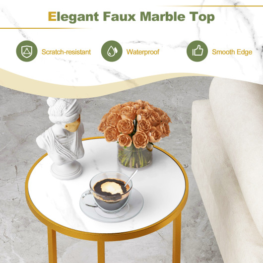 Compact Round Faux Marble Side Table with Golden Metal Frame - Image 6