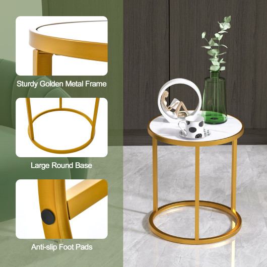 Compact Round Faux Marble Side Table with Golden Metal Frame - Image 7