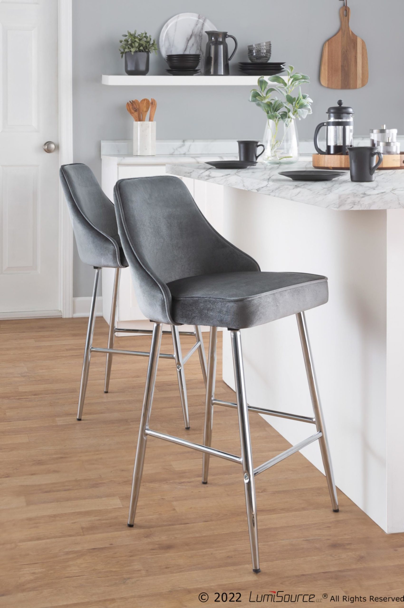 Marcel 25 Chrome Blue Velvet Contemporary Counter Stool (Set of 2) 1 Marcel 25 Chrome Blue Velvet Contemporary Counter Stool (Set of 2)
