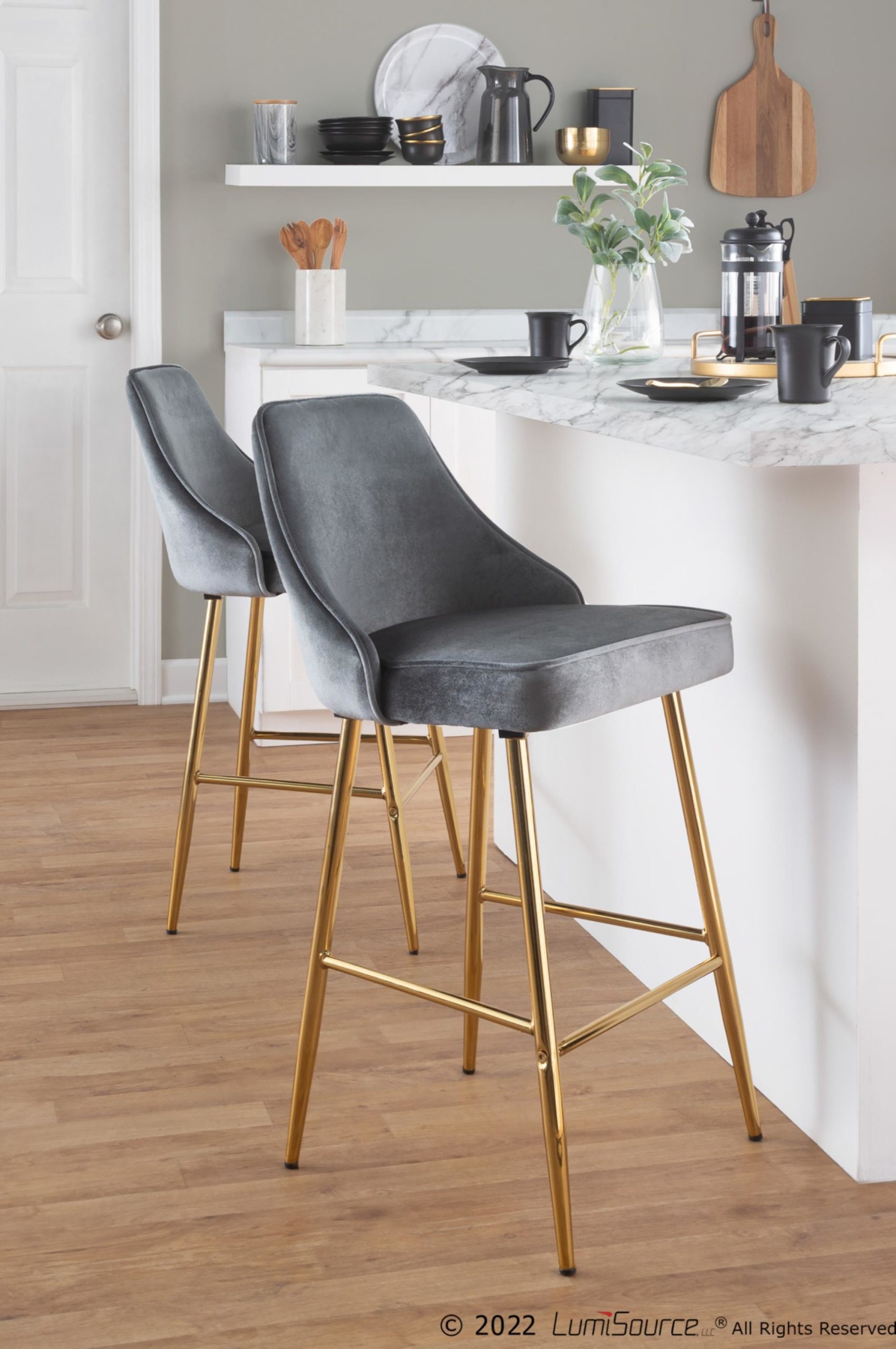 Marcel 25 Gold Blue Velvet Contemporary Counter Stools (Set of 2) 1 Marcel 25 Gold Blue Velvet Contemporary Counter Stools (Set of 2)