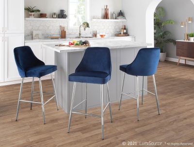 Marcel Chrome Navy Velvet Contemporary Counter Stools, 25-Inch (Set of 2)