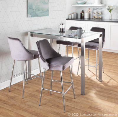 Marcel Chrome Silver Velvet Contemporary 26-Inch Counter Stools (Set of 2)