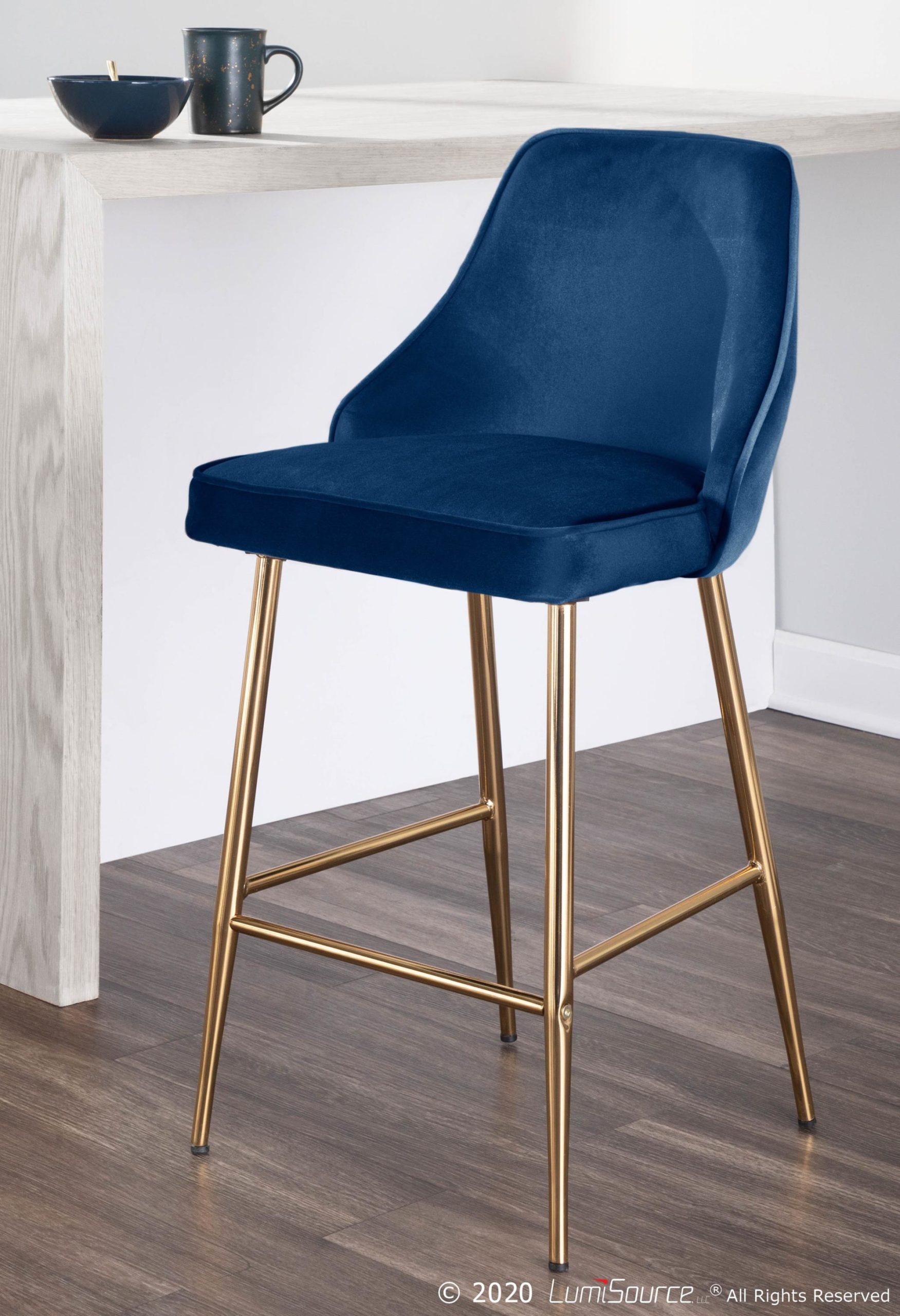 Marcel Gold and Blue Velvet Contemporary Counter Stool (Set of 2) 2 Marcel Gold and Blue Velvet Contemporary Counter Stool (Set of 2) - Image 2