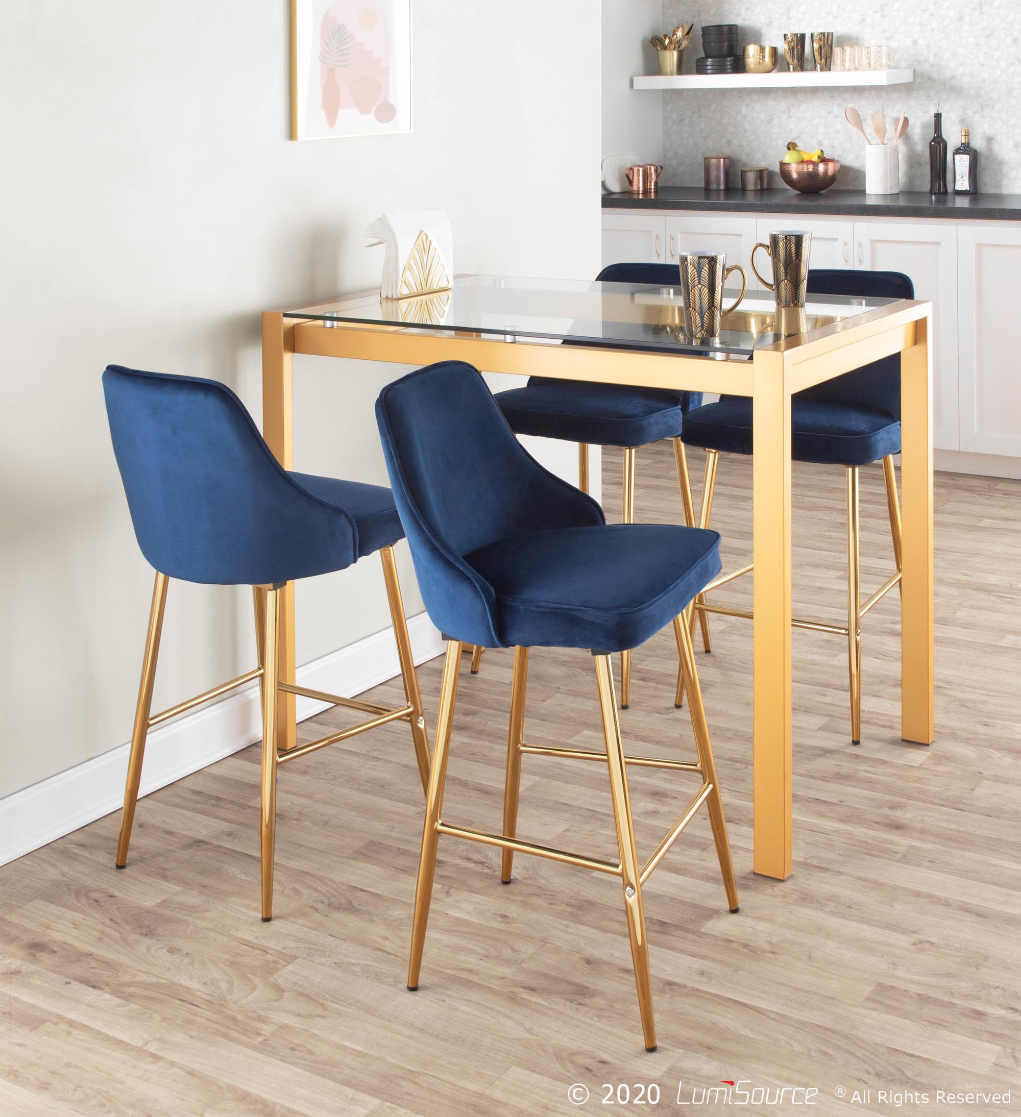 Marcel Gold and Blue Velvet Contemporary Counter Stool (Set of 2) 5 Marcel Gold and Blue Velvet Contemporary Counter Stool (Set of 2) - Image 5