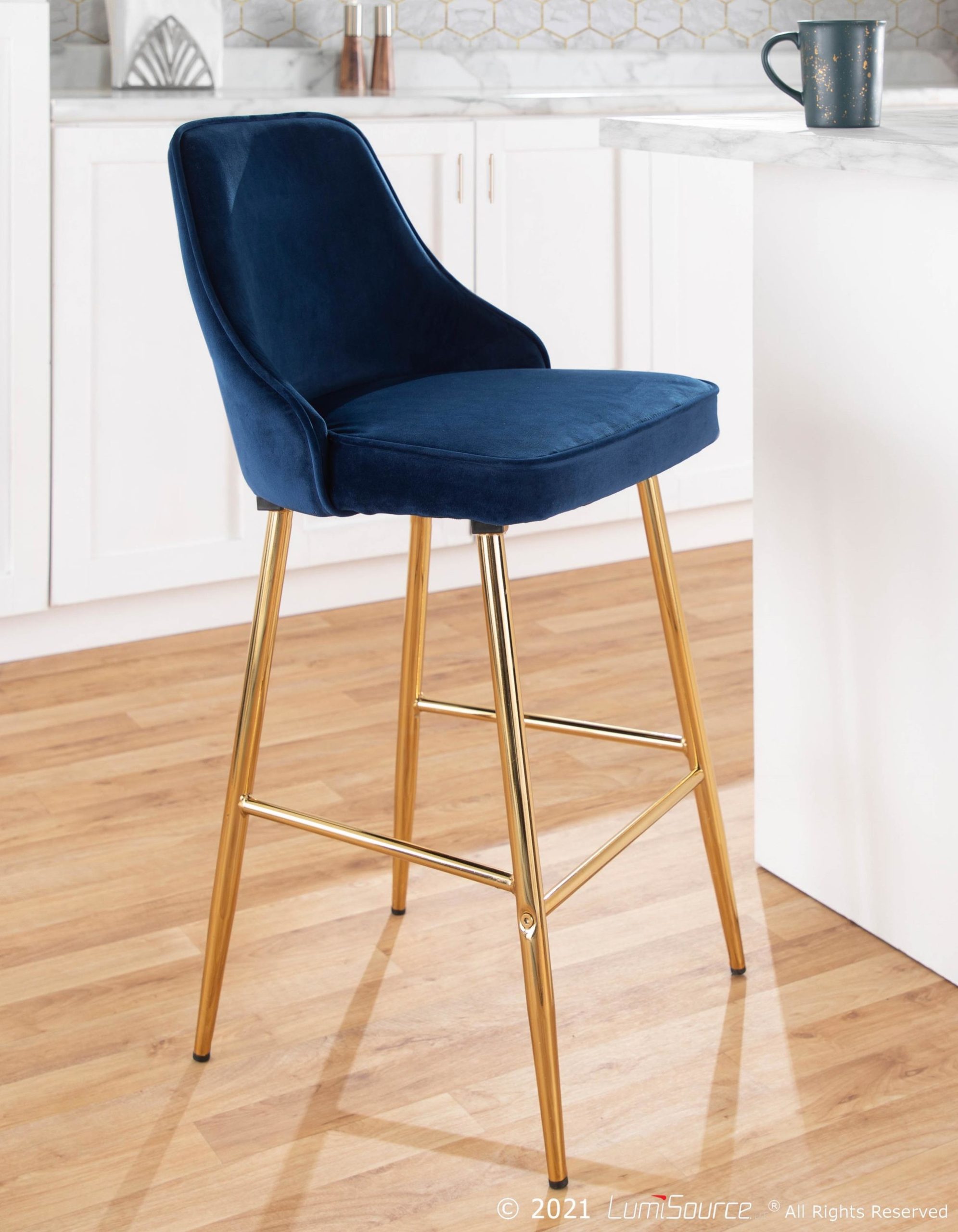 Marcel Gold and Blue Velvet Contemporary Counter Stool (Set of 2) 7 Marcel Gold and Blue Velvet Contemporary Counter Stool (Set of 2) - Image 7