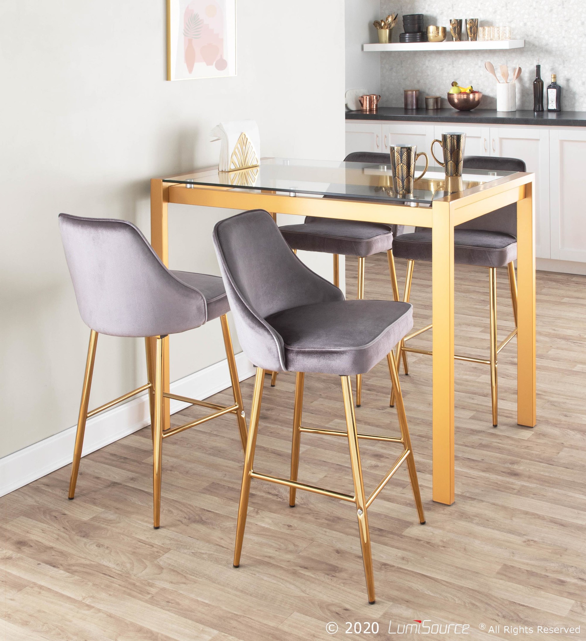 Marcel Gold and Silver Velvet Contemporary Counter Stools (Set of 2) 4 Marcel Gold and Silver Velvet Contemporary Counter Stools (Set of 2) - Image 4