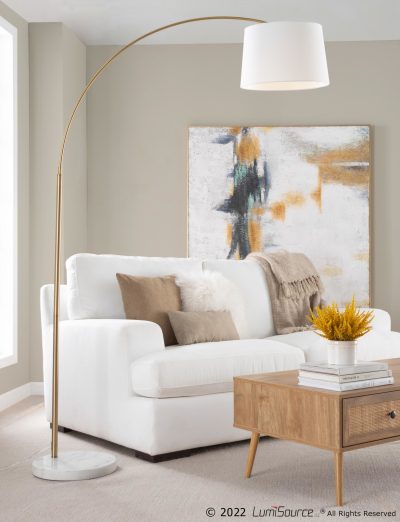 March Contemporary Floor Lamp White Marble Nickel Linen Shade