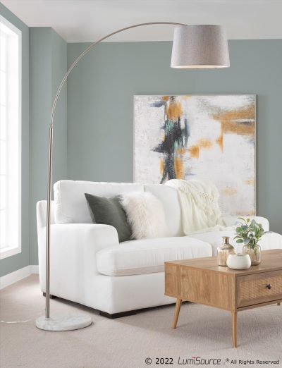 March Contemporary Floor Lamp in Marble, Nickel, Grey Linen Shade
