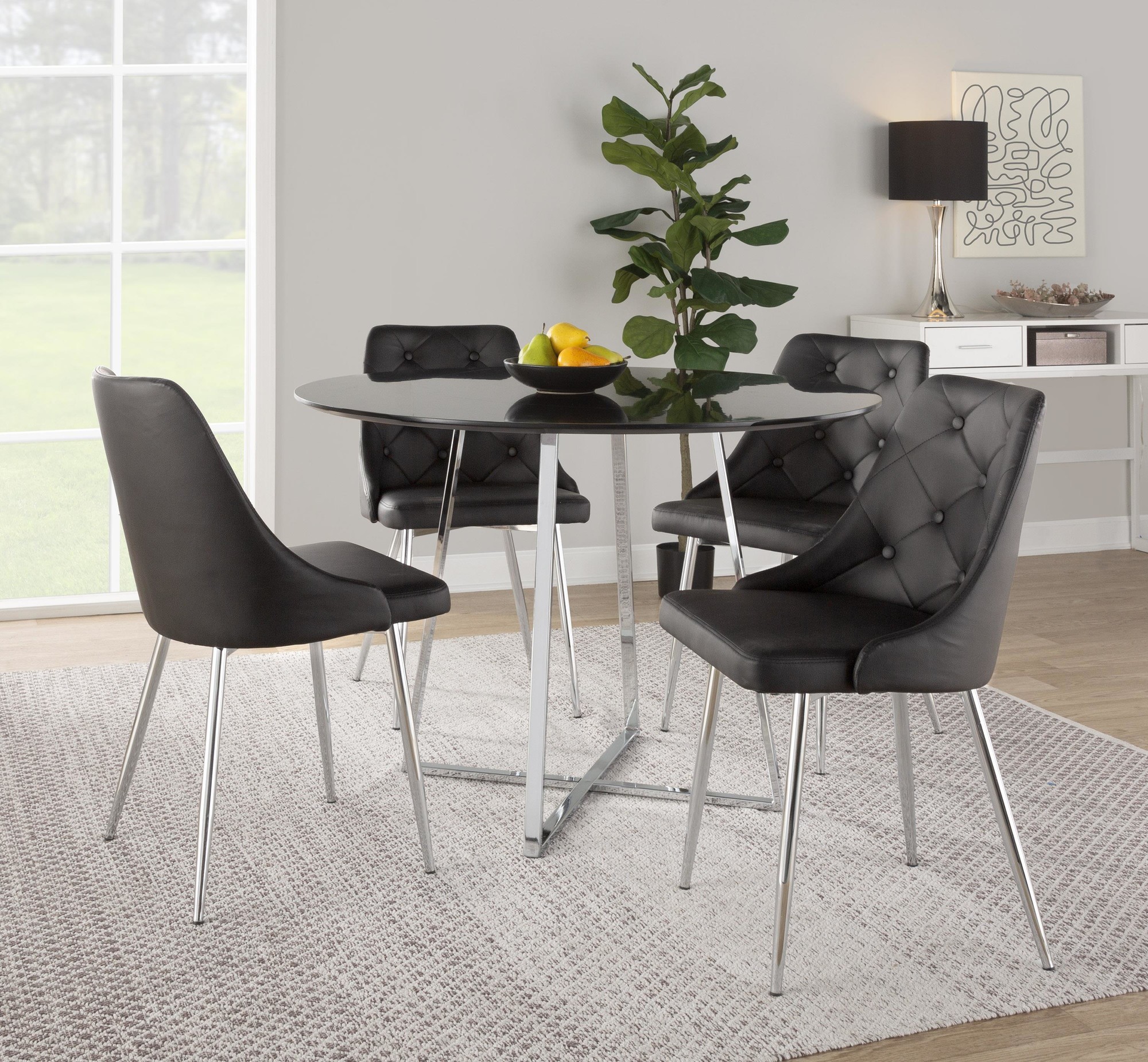 Marche Contemporary Black Faux Leather Chrome Accent Dining Chairs (Set of 2) 2 Marche Contemporary Black Faux Leather Chrome Accent Dining Chairs (Set of 2) - Image 2