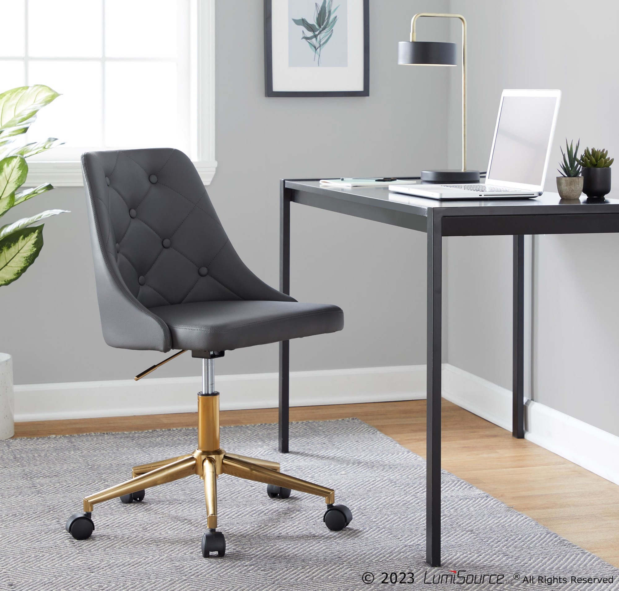 Marche Grey Faux Leather Gold Metal Contemporary Swivel Task Chair 2 Marche Grey Faux Leather Gold Metal Contemporary Swivel Task Chair - Image 2