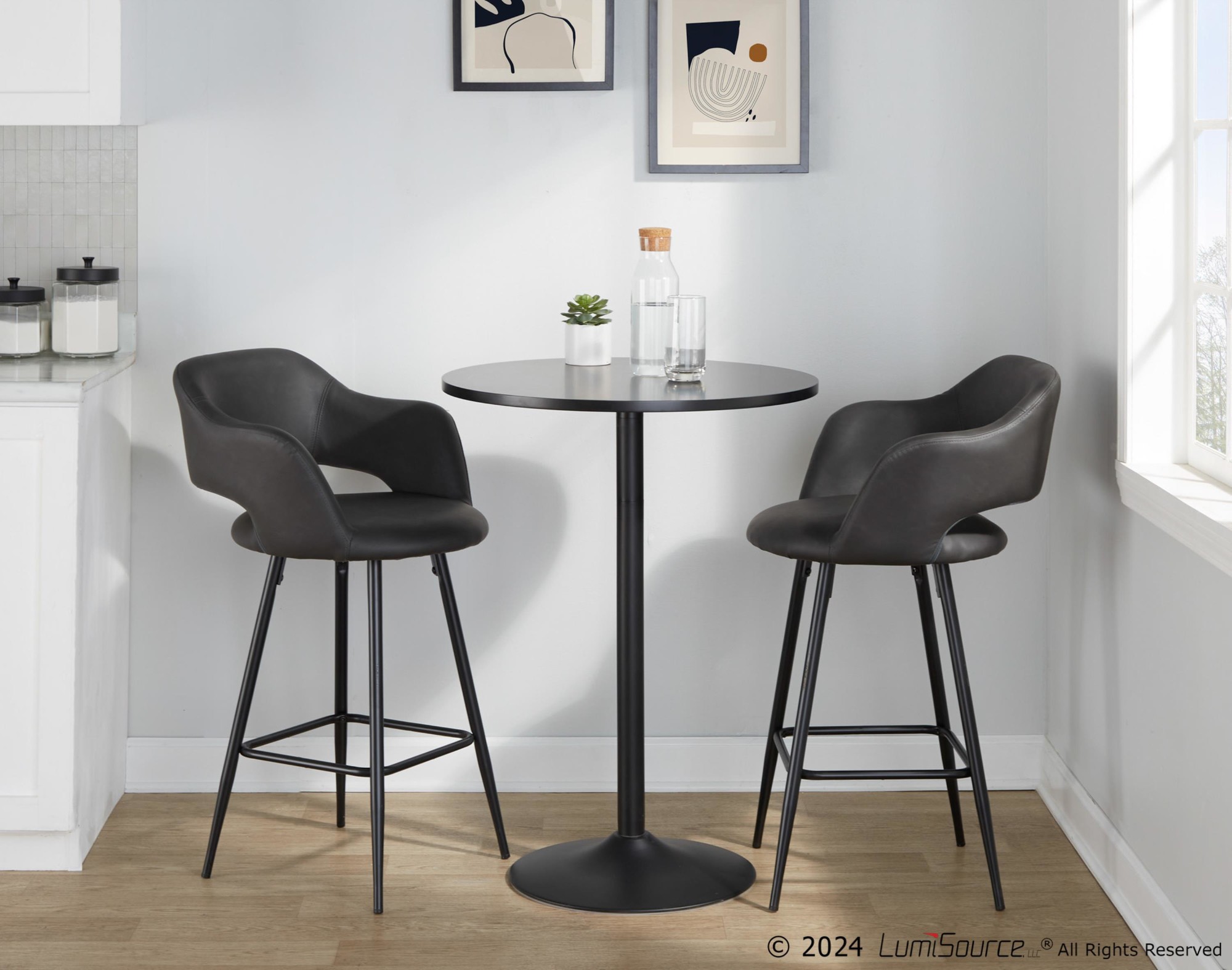 Margarite 26-Inch Black Metal Grey Faux Leather Contemporary Counter Stools (Set of 2) 2 Margarite 26-Inch Black Metal Grey Faux Leather Contemporary Counter Stools (Set of 2) - Image 2