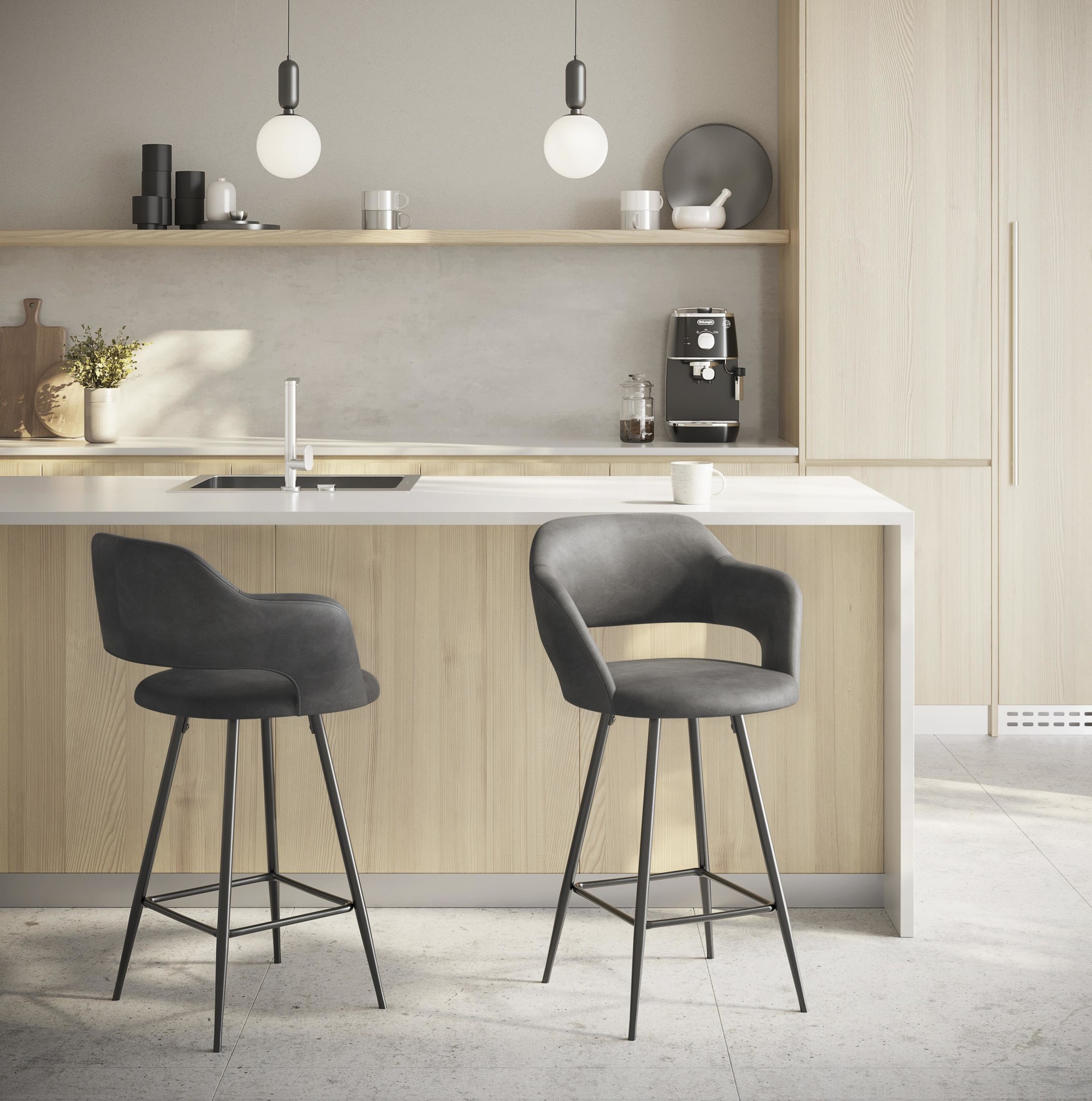 Margarite 26-Inch Black Metal Grey Faux Leather Contemporary Counter Stools (Set of 2) 3 Margarite 26-Inch Black Metal Grey Faux Leather Contemporary Counter Stools (Set of 2) - Image 3