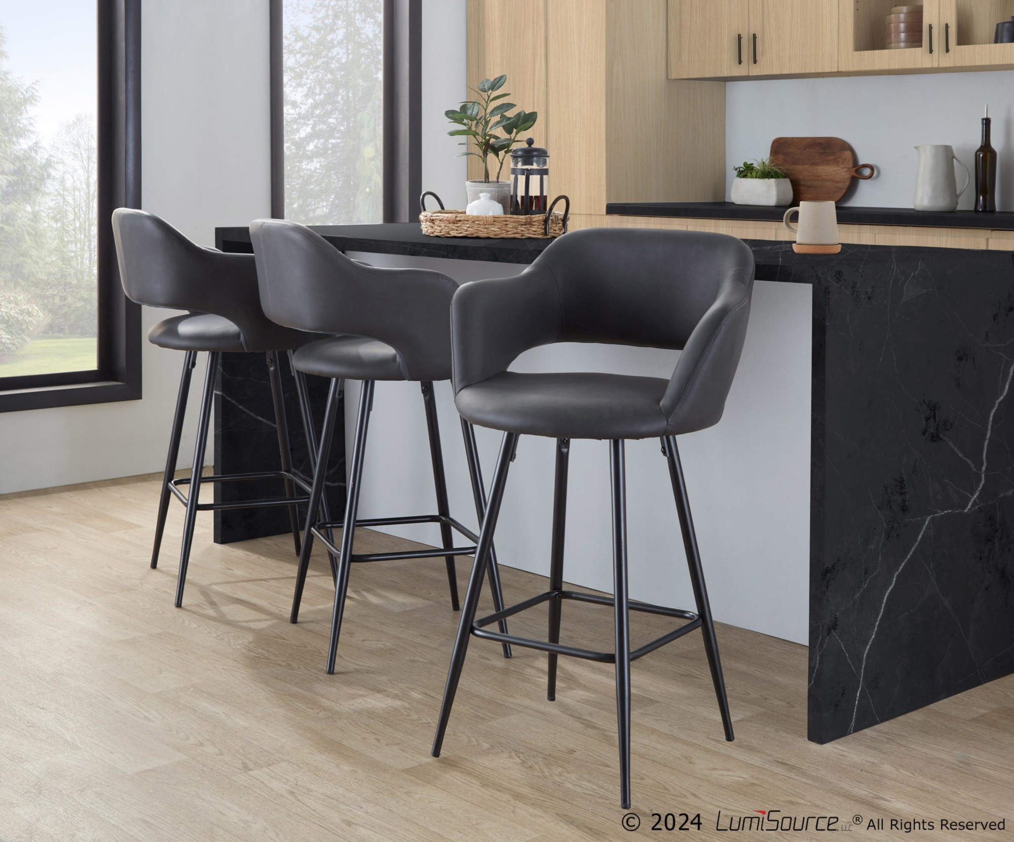 Margarite 26-Inch Black Metal Grey Faux Leather Contemporary Counter Stools (Set of 2) 1 Margarite 26-Inch Black Metal Grey Faux Leather Contemporary Counter Stools (Set of 2)