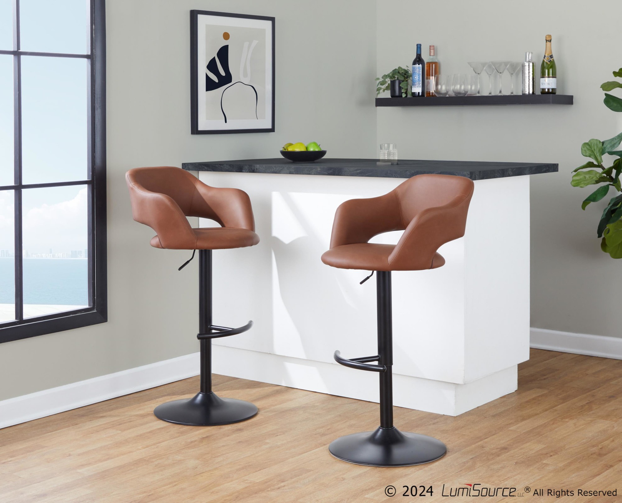 Margarite Black Metal Brown Faux Leather Barstools (Set of 2) 2 Margarite Black Metal Brown Faux Leather Barstools (Set of 2) - Image 2