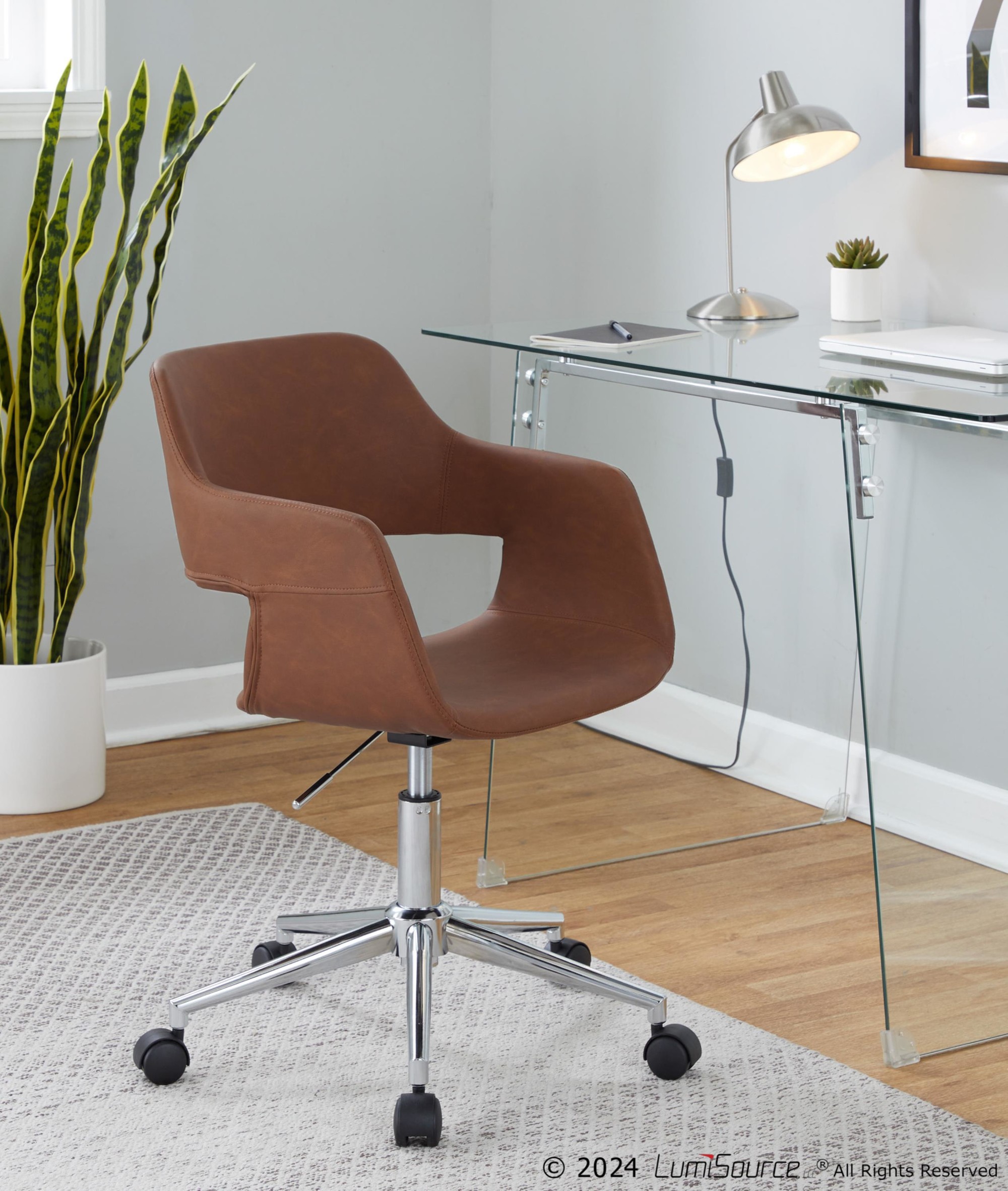 Margarite Brown Faux Leather Chrome Contemporary Task Chair 2 Margarite Brown Faux Leather Chrome Contemporary Task Chair - Image 2