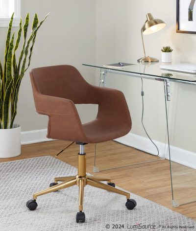 Margarite Brown Faux Leather Gold Contemporary Task Chair