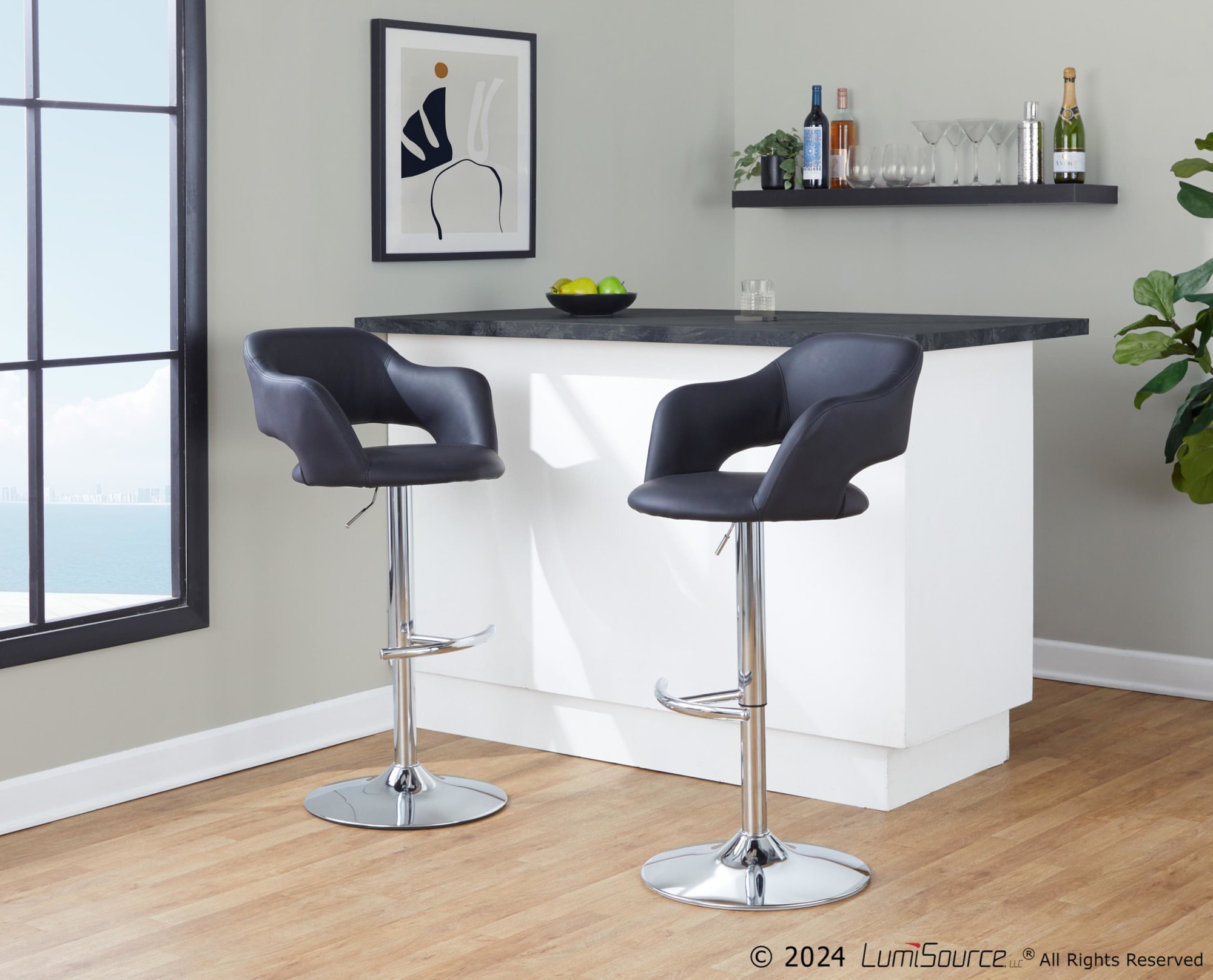 Margarite Chrome and Black Faux Leather Contemporary Barstools (Set of 2) 4 Margarite Chrome and Black Faux Leather Contemporary Barstools (Set of 2) - Image 4