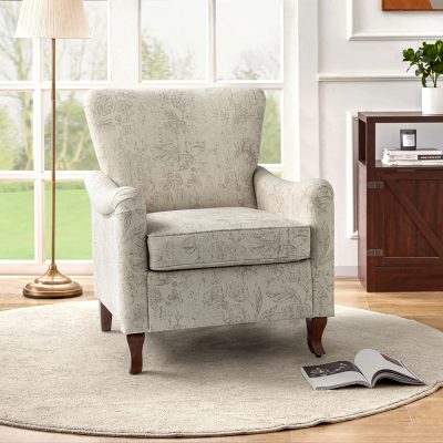 Marion Linen Floral Farmhouse Wingback Accent Armchair