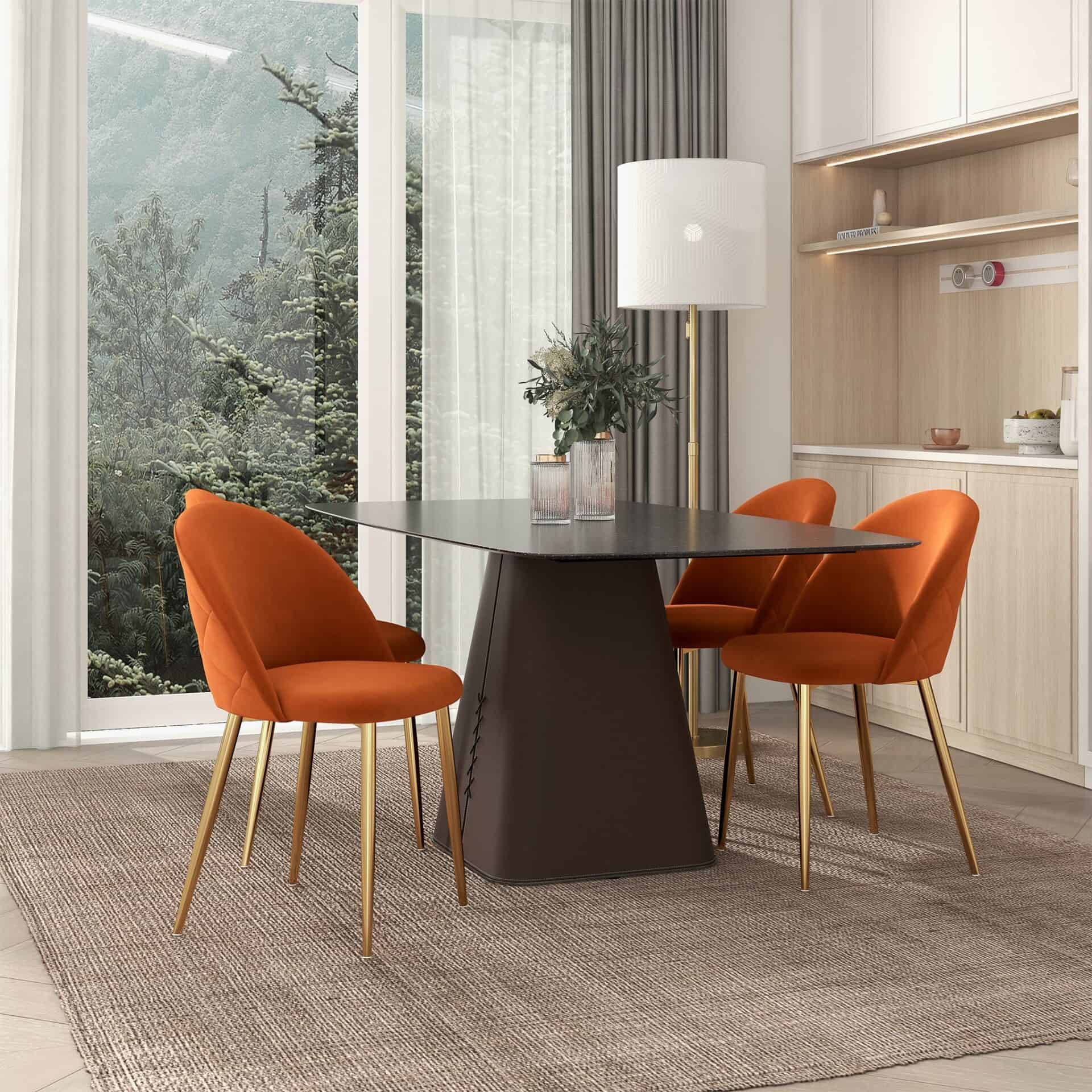 Orange Velvet Mid Century Modern Dining Chair Gold Legs (Set of 2) 2 Orange Velvet Mid Century Modern Dining Chair Gold Legs (Set of 2) - Image 2